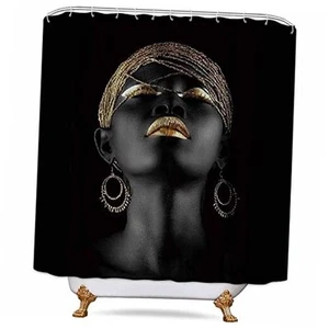 Black Afro Girl Shower Curtain, Black Girl Golden Lips Decor Set with 12 Hooks - Picture 1 of 8