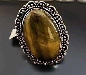 German Silver Tiger Eye Fashion Ring Size 6 Oval Large Bold Statement Ring - Picture 1 of 9