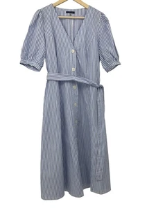 Tommy Hilfiger Eden Stripe Button Tie Belt Puff Sleeve Dress Blue White Size 14 - Picture 1 of 8