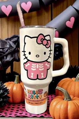 HELLO KITTY HALLOWEEN Rosa Esqueleto 40oz Tapa Vaso Inoxidable y Pajita ROSA! Nuevo con etiquetas Foto 1 de 4