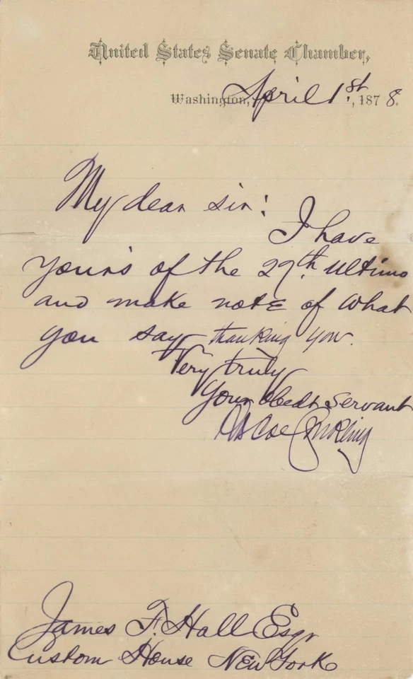 Roscoe Conkling- Signed Handwritten Letter from 1878 - Image 1 of 1