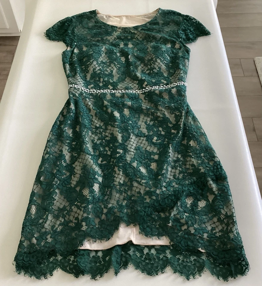 Jodi Kristopher Women’s Green Lace Dress w/ Cream Lining Size 11 Retro Unique - Image 1 of 4