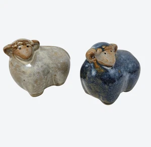 Pair Of Ceramic Sheep Figurines Handcrafted Glazed Stoneware Neutral Blue Tones - Picture 1 of 8