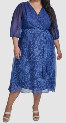 Vestido para mujer DKNY azul estampado cintura lazada manga globo talla grande 16W Foto 1 de 4