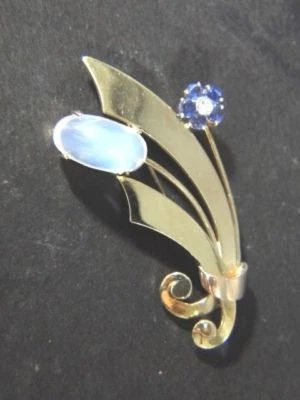 Broche prendedor Tiffany & Co 14K retro Art Deco piedra lunar zafiro diamante flor Foto 1 de 4