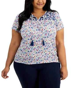 Style & Co. Women's Plus Size Embroidered Tassel T-Shirt Top, Multi Floral, 0X - Picture 1 of 3