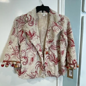 Cousin Earl Women's Fur Swing Jacket R1101 Cream/Red Sz Lg Puffy Balls *NEW* USA - Picture 1 of 17