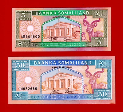 SOMALILAND UNC NOTES - 5 Shillings 1994 (Pick-1a), & 50 Shillings 2002 (Pick-7d) - Image 1 of 2