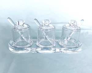 Set of 3 Acrylic Condiment Holders with Spoons & Slotted Tray NIB - Picture 1 of 10