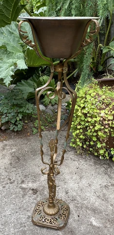 Victorian Bronzed Wrought Iron Architectural Garden Plant Stand w/ Copper Bowl Cover