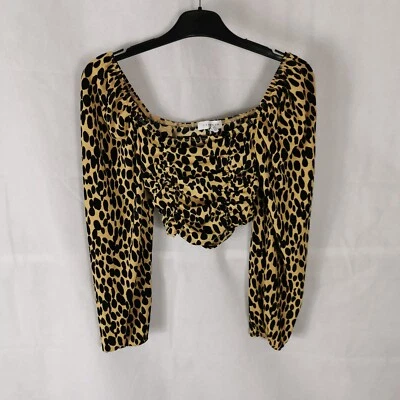 Ladies Top Size 10 Petite Topshop Biege Black Leopard Print Ruched Mesh Cropped  - Image 1 of 4