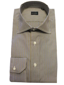 Camicia Uomo Slim Fit artigianale a righe blu marrone collo francese 100% cotone - Foto 1 di 2