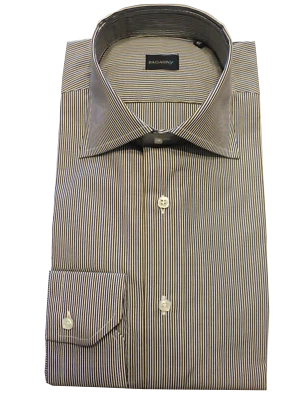Camicia Uomo Slim Fit artigianale a righe blu marrone collo francese 100% cotone - Immagine 1 di 2