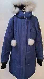 Moose Knuckles Canada Navy Blue 3/4 Length Cotton Down Jacket Parka Fur Size S/P - Picture 1 of 24
