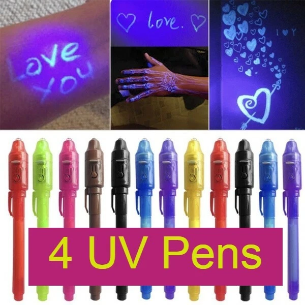 4 UV Spy Pens Invisible Ink UV Light Secret UV Light Pen Messages Kids Party Bag