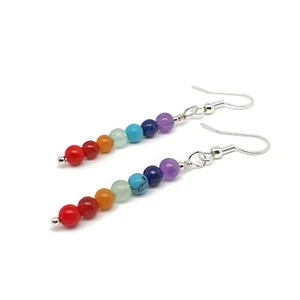 Earrings 7 Chakra Dangle Drop Beaded Gemstone Boho Crystal Sterling Silver Hooks - Picture 1 of 48
