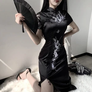 Lady Short Sleeve Cheongsam Dragon Pattern Skinny Dress Chinese Qipao Goth Retro - Picture 1 of 12