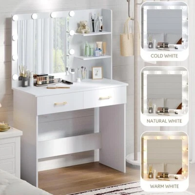 Mesa de Maquillaje Tocador Blanco 90cm Espejo Iluminado Escritorio con 10 Luces LED, 2 Cajones Foto 1 de 4