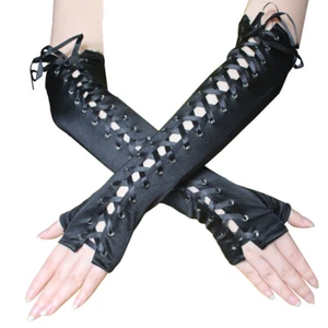 Sexy Womens Elbow Length Fingerless Lace Up Arm Warmer Long Punk Gloves‹ - Picture 1 of 16