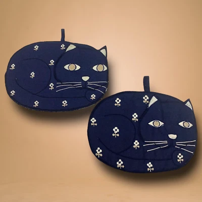 Vintage Lot 2 x Cat Potholders Navy Blue Floral Embroidered Retro Linen Kitten - Image 1 of 4