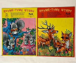 Lot of 2 Vintage Rhyme Tyme N' Tray Puzzle Tee Pee Toys Squirrel Deer USA - Picture 1 of 22