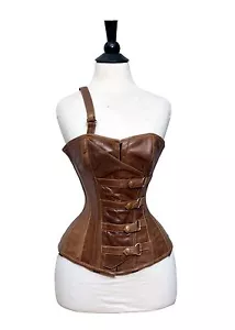 Corsetto marrone in vera pelle overbust di alta qualità con tracolla su 1 lato - Foto 1 di 7
