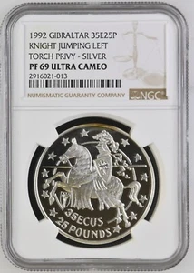 1992 Gibraltar 35 ECU 25 Pounds Silver Proof NGC PF69 Ultra Cameo - Torch Privy - Picture 1 of 4