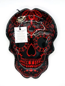 Akcam Red Silver Sugar Skull Plate Decorative Appetizer 8x6" Fall Halloween Gift - Picture 1 of 12