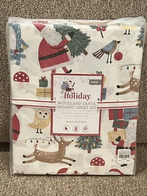 Juego de sábanas dobles de algodón orgánico Pottery Barn Kids Holiday Woodland Santa Navidad Foto 1 de 2