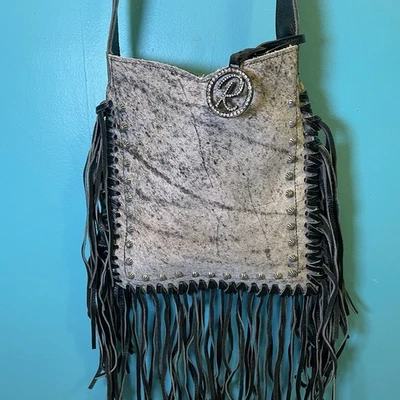 Bolso de Mano Raviani Cartera Boho Cuero de Vaca Negro Flecos Gris Moteado Bandolera EE. UU. Foto 1 de 4