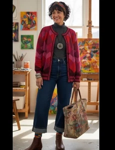 Fotrama 100% Alpaka Argyle Strick Cardigan Rot Boho Hand Made Bolivia *Löcher 253 - Bild 1 von 11