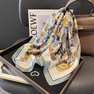 l00% Silk Scarf 27" Square Chic Women Kerchief Bandana Neckerchief Blue Yellow - Picture 1 of 5