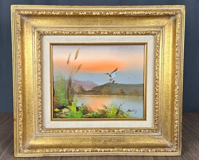 Landscape w Ducks, lake at sunset signed Bailey original oil painting on canvas - Image 1 of 4