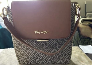 Tommy Hilfiger Womens Brown , Golden Color Logo Print Shoulder Bag Purse - Picture 1 of 9