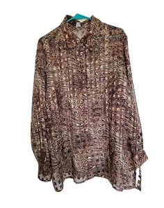 Notations Women's Plus Size 1X Brown Button Up Blouse Burnout 3/4 Sleeved - Picture 1 of 3