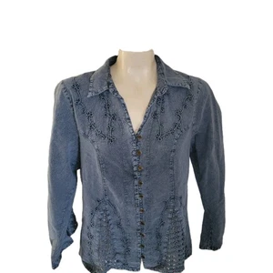 CAAMANO Embroidered Denim Button Up Shirt Jacket Bohemian Festival Hippie Y2K - Picture 1 of 11