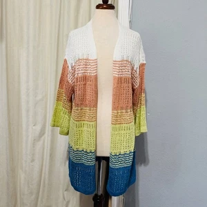 Maurices Women Ombre Stripe Open Knit Long Cardigan Sweater 1/2 Sleeve M Block - Picture 1 of 13