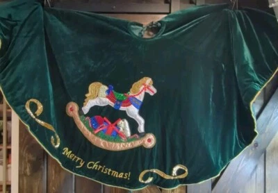 Green Velvet Christmas Tree Skirt Beaded Embellishments Rocking Horse Large - Image 1 of 4