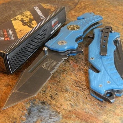 Navaja de Bolsillo Plegable de Rescate MTECH Azul G10 MEDALLÓN CALAVERA Asistida por Resorte NUEVA Foto 1 de 2