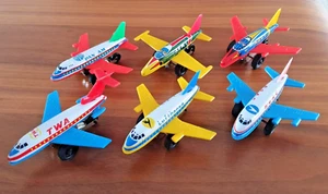 VINTAGE SAITO JAPAN TINPLATE FRICTION TOY PLANES 1960's SET OF 6 RARE TWA PAN AM - Picture 1 of 11