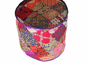 Bohemian Embroidered Round Pouf Floor Seat Cover - Traditional Large Ottoman 18" - Picture 1 of 6