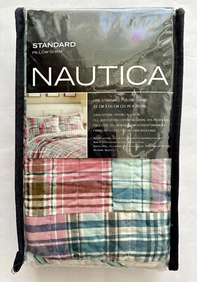 Nueva almohada estándar acolchada Nautica Sutter Creek Sham Madras a cuadros rosa verde azulado Foto 1 de 2