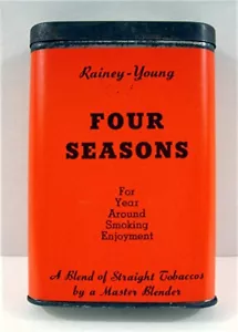Etiqueta de papel vintage Four Seasons tabaco de bolsillo estaño rainey joven Galesburg Ill - Imagen 1 de 3