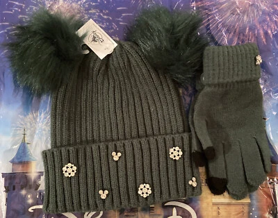 Juego de sombreros y guantes tejidos de los parques de Disney - verde esmeralda con cristales - nuevo con etiquetas Foto 1 de 4
