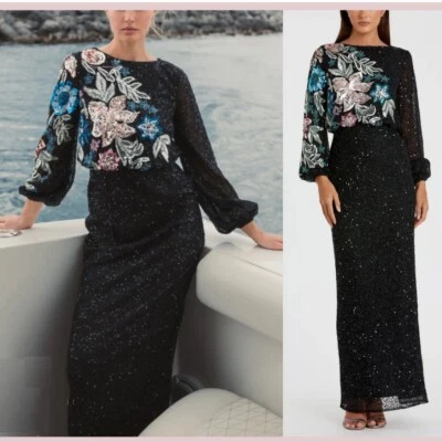 Vestido de Noche Formal Mac Duggal 5615 Cuello Barco Floral Lentejuelas Adornado Talla 10 Foto 1 de 4