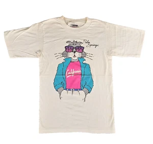 Vintage Oneita S (34-36) White Palm Springs California Cat 1987 Print TShirt USA - Picture 1 of 19
