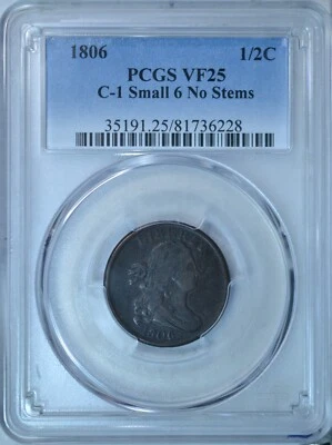 1806 Драпированный бюст половина цента, PCGS VF25 - Изображение 1 из 3