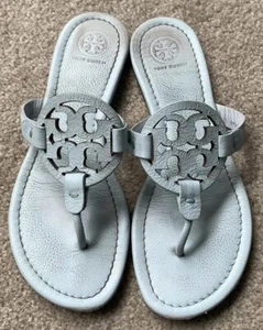 Tory Burch Seltzer Light Blue Tumbled Leather Miller Sandals Flip Flops Size 7 M - Picture 1 of 6