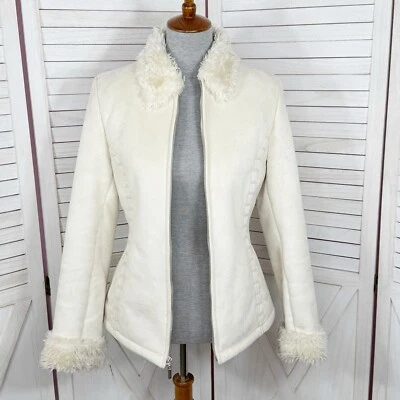 Croft & Barrow Coat Women Small Cream Ivory Faux Suede Fur Lined Laced Full Zip - Image 1 of 4