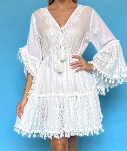 ANTICA SARTORIA 2024 WHITE LACE V NECK TIE FRONT FLOWERS DRESS NWT ONE SIZE - Picture 1 of 6